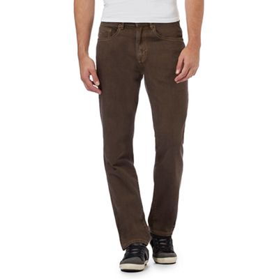 Brown straight leg trousers with zip-up and button detailing